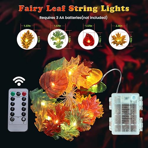 Miniatura 4 de Guirnalda de luces decorativas de hojas de hadas para decoración de Acción de Gracias, guirnalda de otoño, 30 luces LED de 10 pies, funciona con