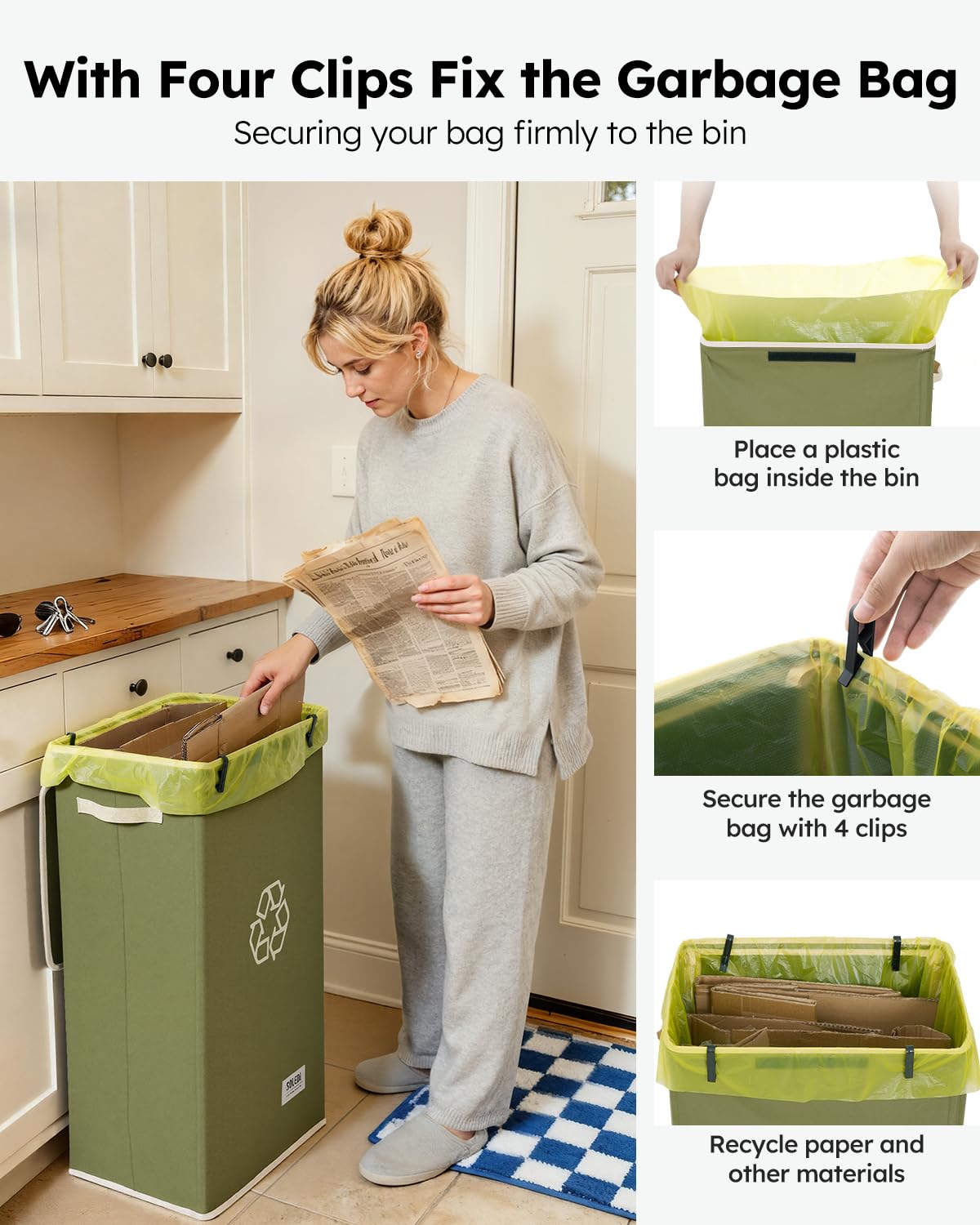 SOLEDI Recycling Bin for Kitchen,26 Gallon Large Recycle Bin with Lid and 2 Removeable Reusable Inner Bags,Indoor Recycling Trash Can for Collector of Bottles Cans, and Plastic,Green