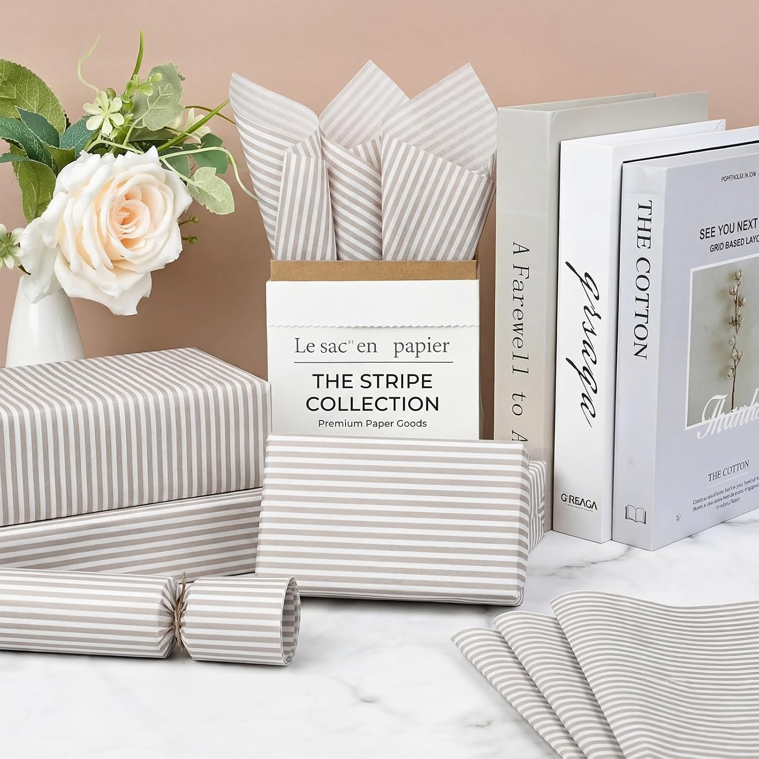 YooNotee 120 Sheets Plain Striped Tissue Paper 14 x 20 Inches Striped Tissue Paper for Gift Bags Bulk Wrapping Papers for Birthday Gift Packing Crafts(Beige,Classic)