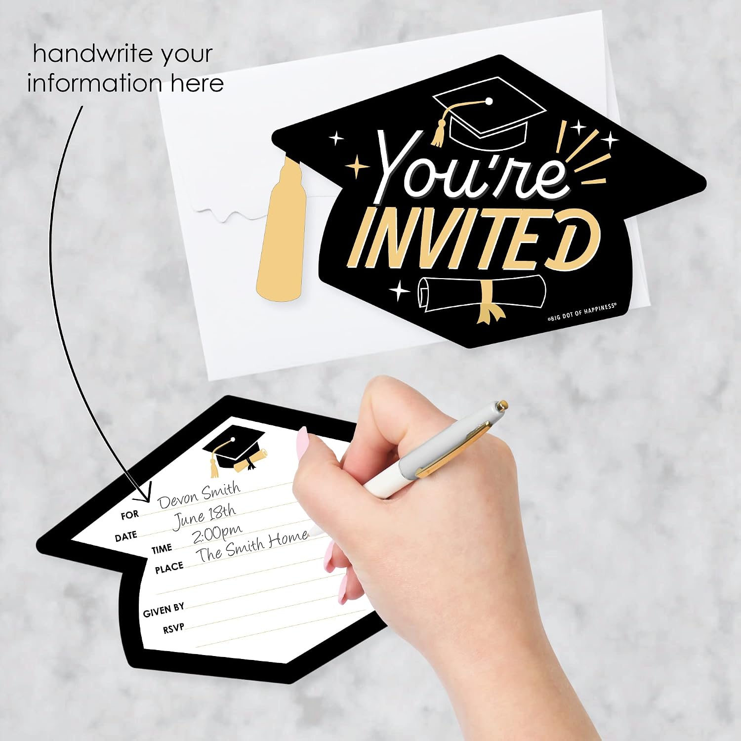 Big Dot of Happiness Hello College Graduation Party Invitations - Shaped Fill-In Invite Cards with Envelopes - Set of 12