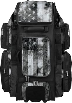 Boombah Superpack XL Rolling Bat Bag - 35.5" x 13.5" x 10" - Telescopic Handle - Holds 8 Bats - Wheeled Version - USA Old Glory Black Ops Black/Charcoal/White
