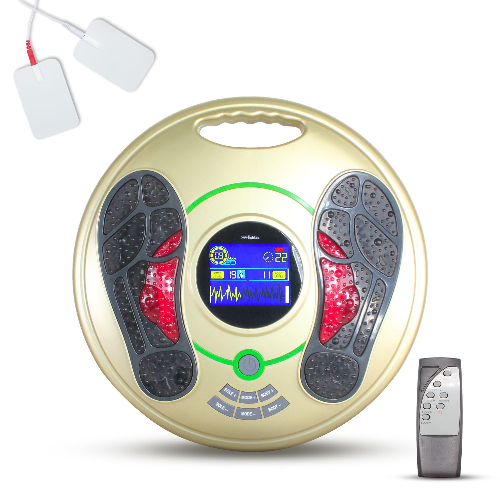 FISHTEC - Stimolatore muscolare antidolorifico - Impulsi elettrici con 99 livelli di intensità e 25 programmi - Fornito con 4 pad e telecomando - Piedi pieghevoli - Ampio display LCD, Oro E Verde