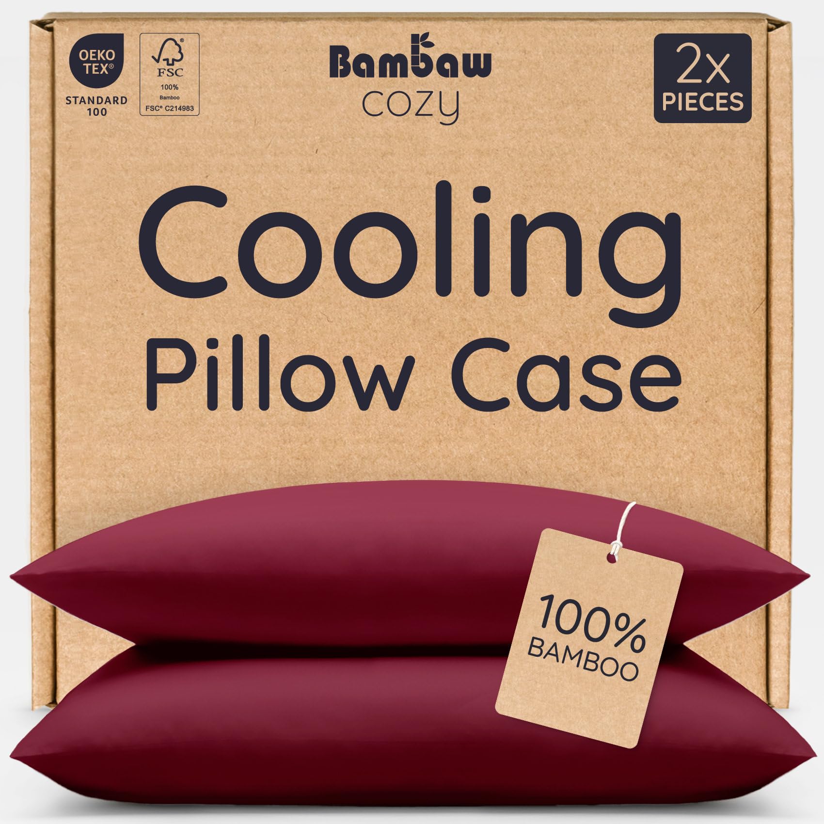 Bambaw Pillow Case 50x75 Bamboo, 2 Pack, Hypoallergenic & Cool Pillow Cases, 100% Bamboo Cooling Pillowcase with Envelope Closure, Hotel Pillowcases 2 Pack, 50x75 cm, Oeko-Tex Certified (Burgundy)