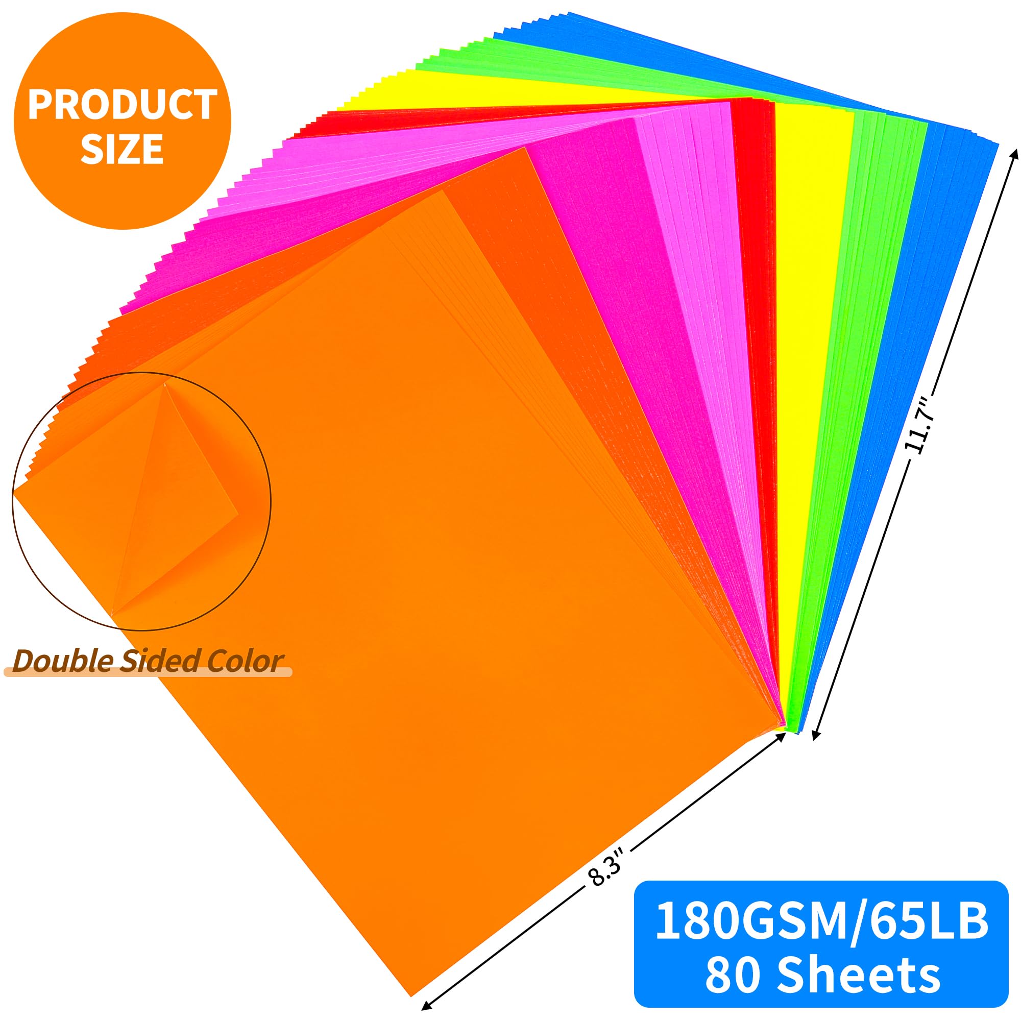 80 Sheets Fluorescent Coloured Cardstock, 8 Colours Art Crafts Construction Paper - Image 2
