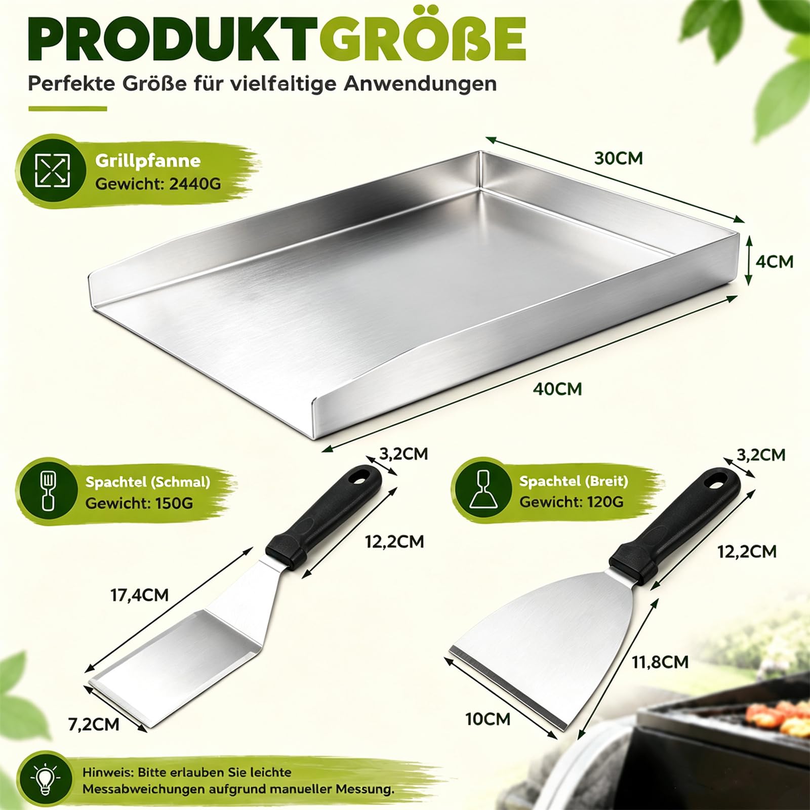 Nifogo Edelstahl Plancha Grillplatte 40 x 30 cm (2mm) mit 2 Grillspachtel