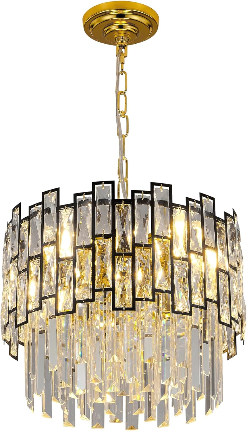 Crystal Chandelier for Dining Room, Modern Black Chandelier Round 6-Light Crystal Pendant Light, Contemporary Raindrop Hanging Light for Living Room, Kitchen Island, Entrance,15.3 Inch