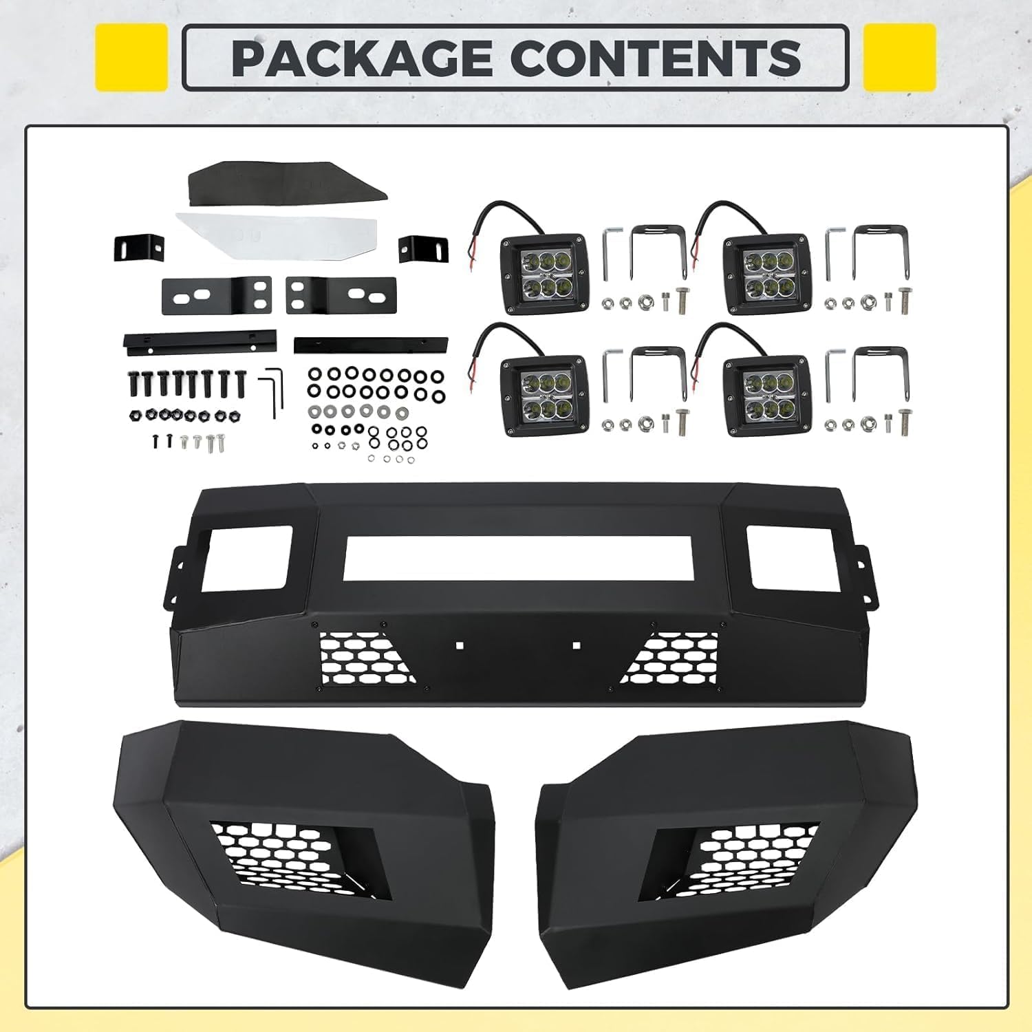 KUAFU Front Bumper Compatible with 2011-2016 Ford F250 F350 Super Duty W/Cube LED Lights Steel Powder Coated Black 3 Pcs (Two Packages)