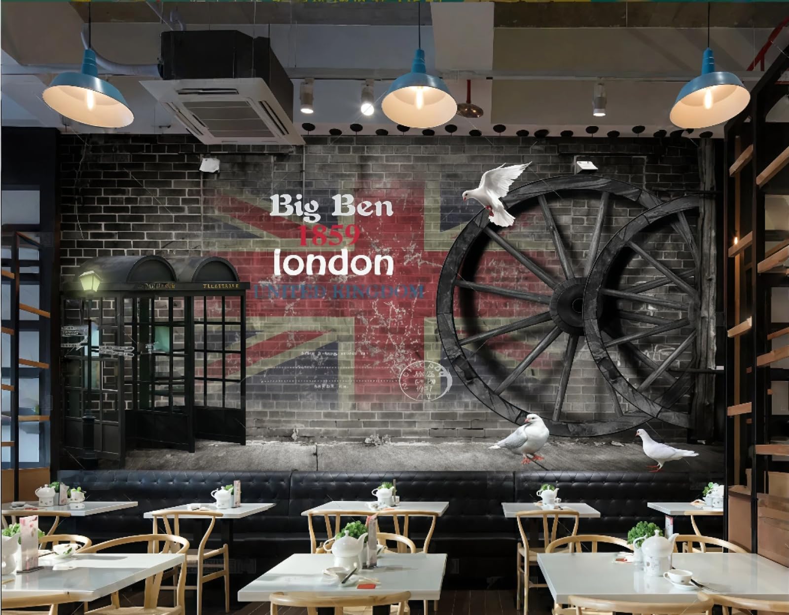 Xdoubao 3D Wallpaper Nostalgic Retro Brick Wall Wheel Phone Booth Bar Theme Drink Shop Afternoon Tea Western Restaurant Background Wall Wallpaper Coffee Shop Mural,,400X280cm