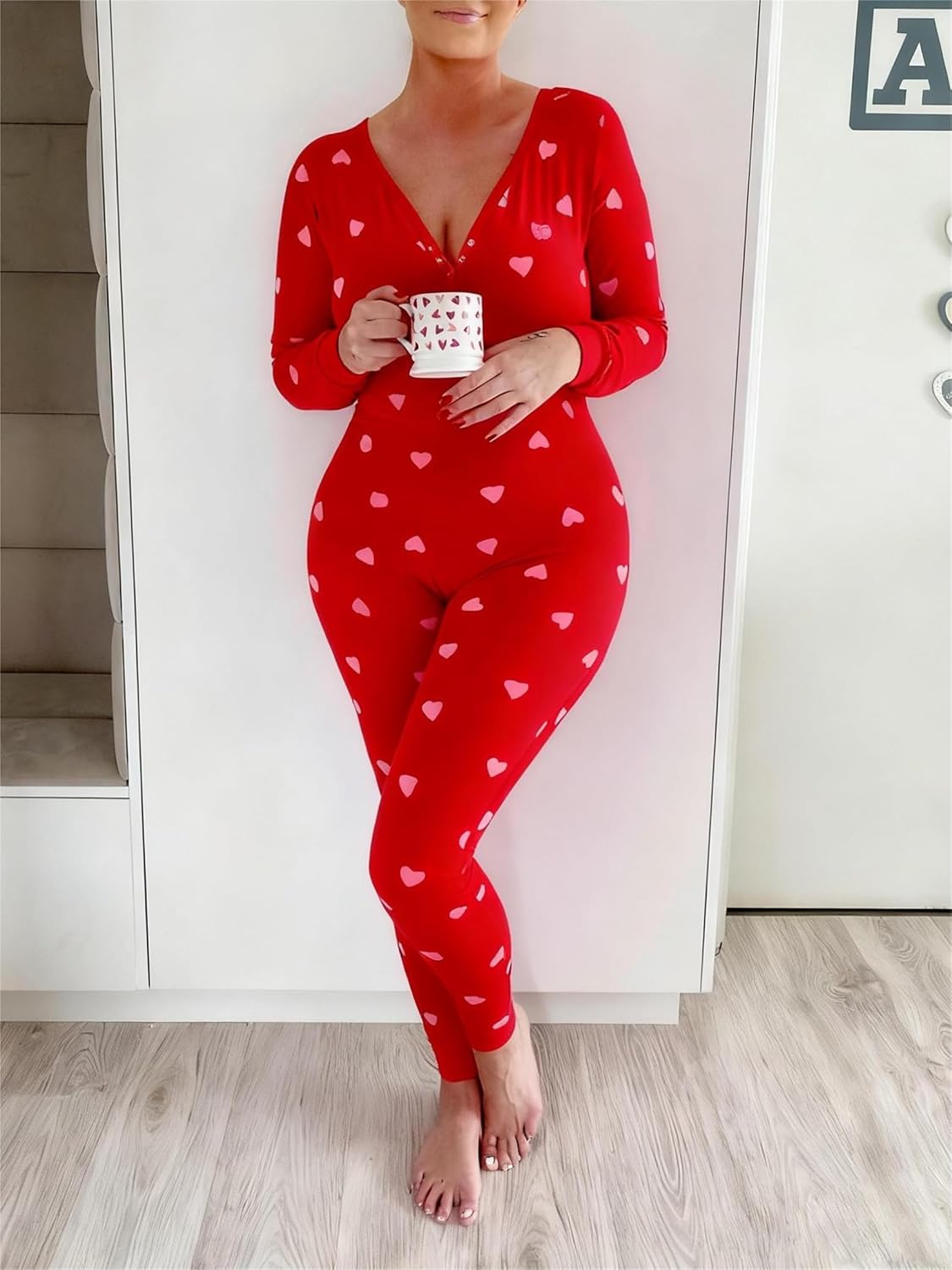 iTranyee Women Bodycon Pajama Jumpsuit V Neck Heart Print Onesie Pajama Sexy One Piece Button Down Valentines Bodysuit - Image 6