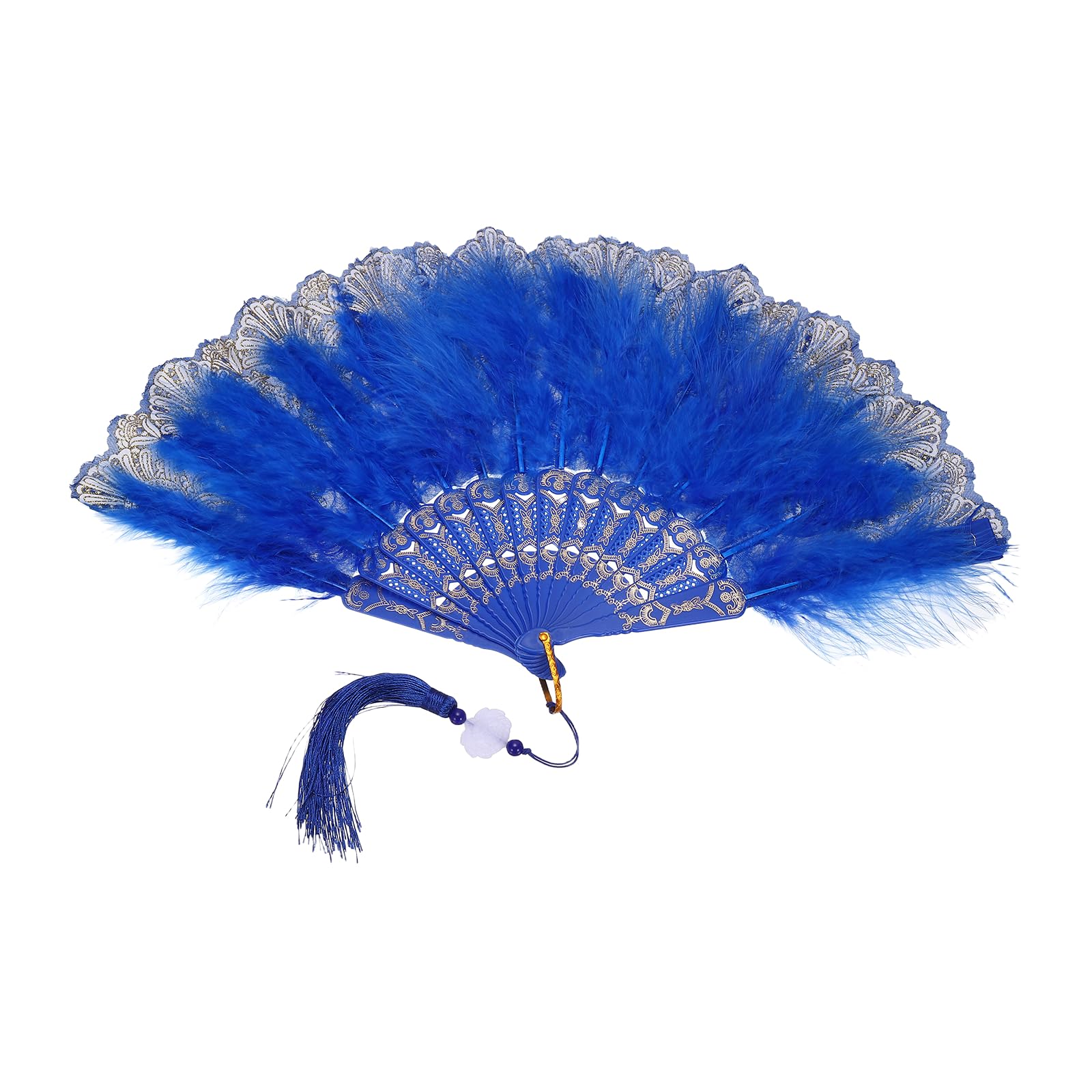 sourcing map 1 Pcs Vintage Folding Fan, Embroidered Flower Marabou Feather Fans 20s Vintage Style Handheld Folding Fan for Dancing Wedding Show Party Tea Party Occasions, Dark Blue(Polyester) — image 1