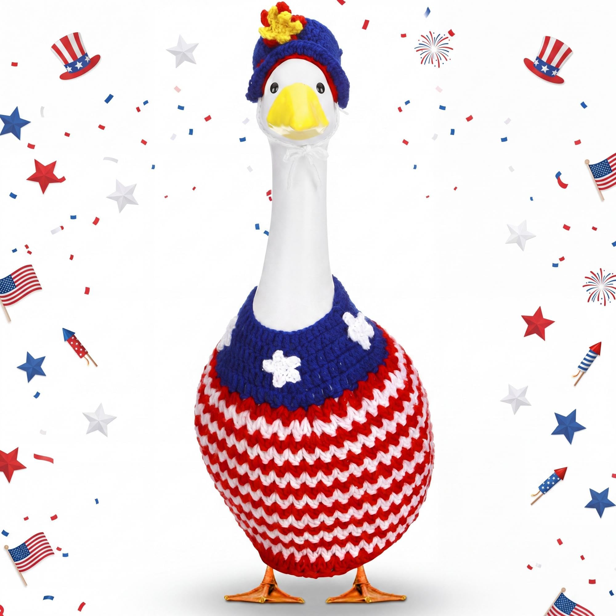 Abbylike 4th of July Porch Goose Outfit Patriotic Crochet Goose Clothes with Hat Red White and Blue Geese Costume Fit 23'' Cement Statue for Independence Day 250th Anniversary Yard Garden Decor