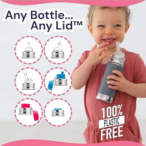 Miniatura 4 de Pura Botella de agua para niños de acero inoxidable de 11 onzas con popote y manga, botella de agua para niños pequeños con pajita, silicona de