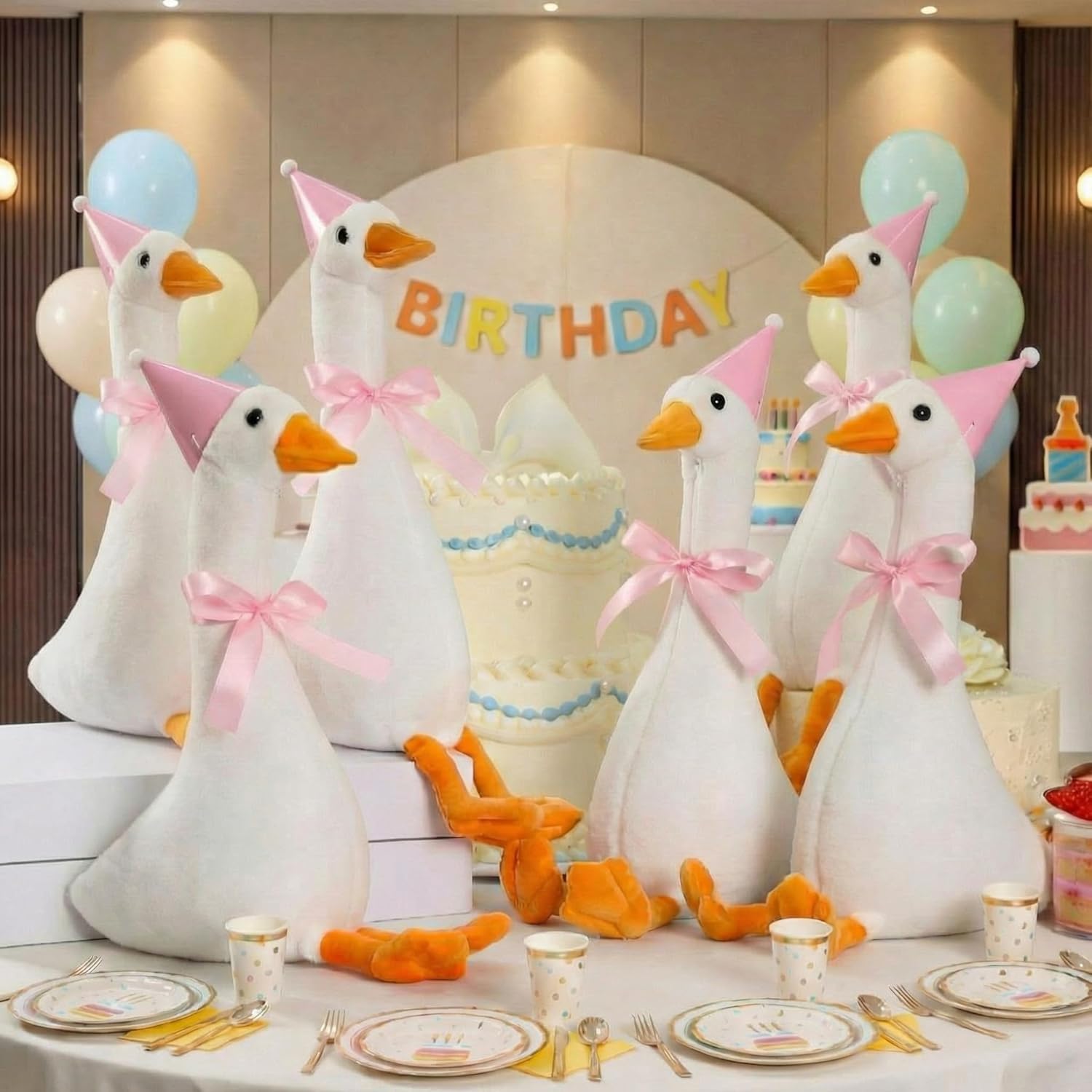 6 Sets One Silly Goose Party Favor 11.8 Inch Plush Stuffed Animal Adopt a Goose Party Favor with Mini Hat Ribbon for Girl Boy Baby Shower 1st Birthday Decoration Gift(Pink,Cute Style)