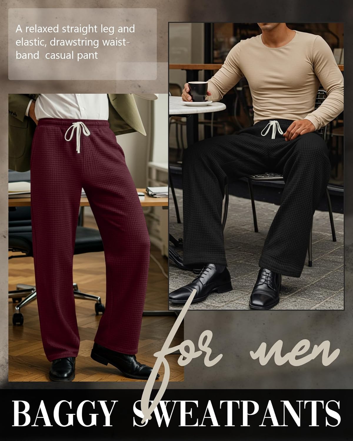3 Pack Men's Waffle Pants Baggy Drawstring Casual Wide Leg Pants Elastic Waist Sweatpants with Pockets - Image 3