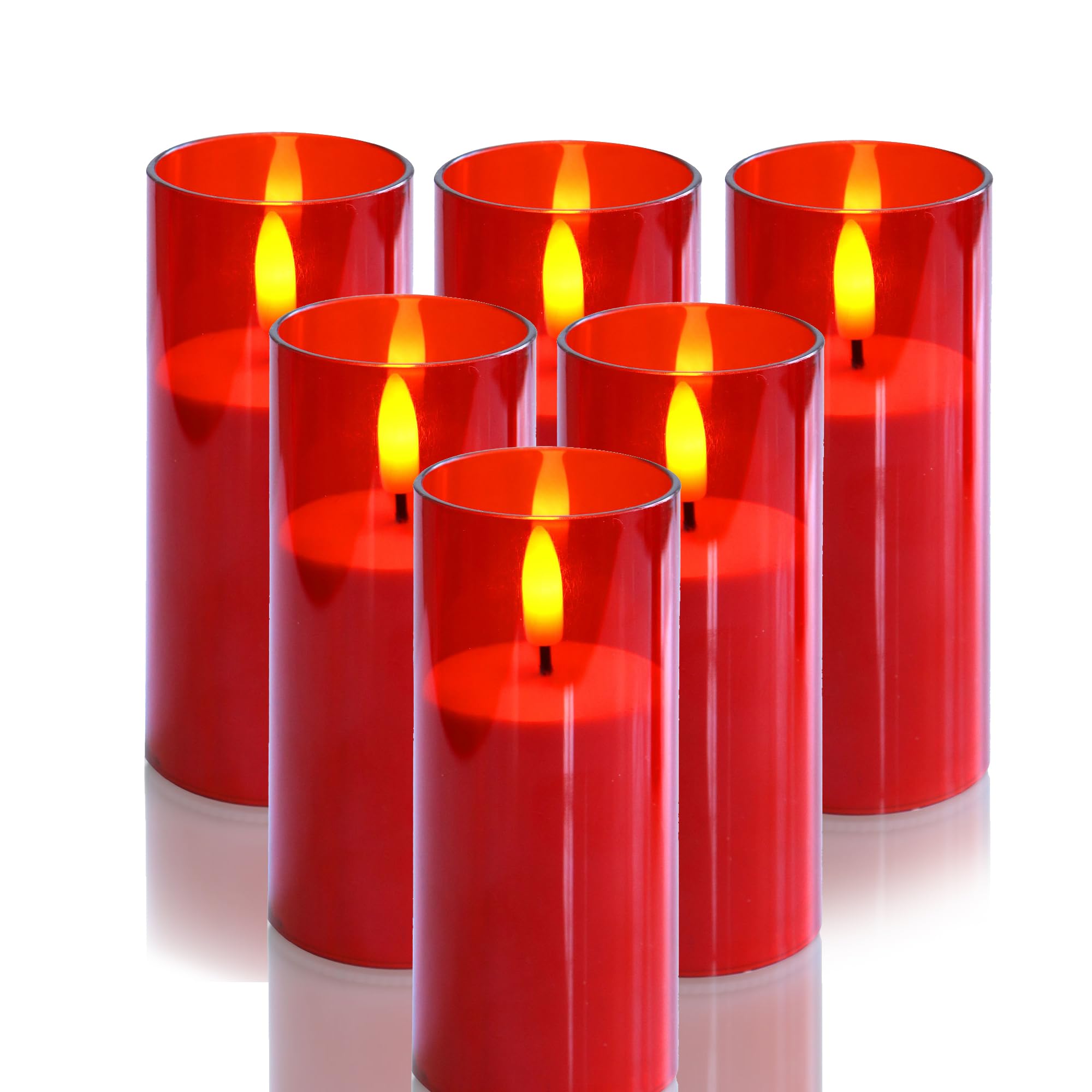 CANDLE CHOICE Indoor Outdoor Flameless Candles with Timer Waterproof Realistic Flickering Battery Operated Pillar LED Lights with Acrylic Shell Wedding Party Christmas Decorations 6 Pack 2”x5” Red