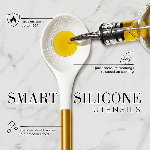 Miniatura 8 de Juego de 8 piezas de utensilios de cocina blancos y dorados Juego de utensilios de cocina de silicona blanca, soporte para utensilios de cerámica y