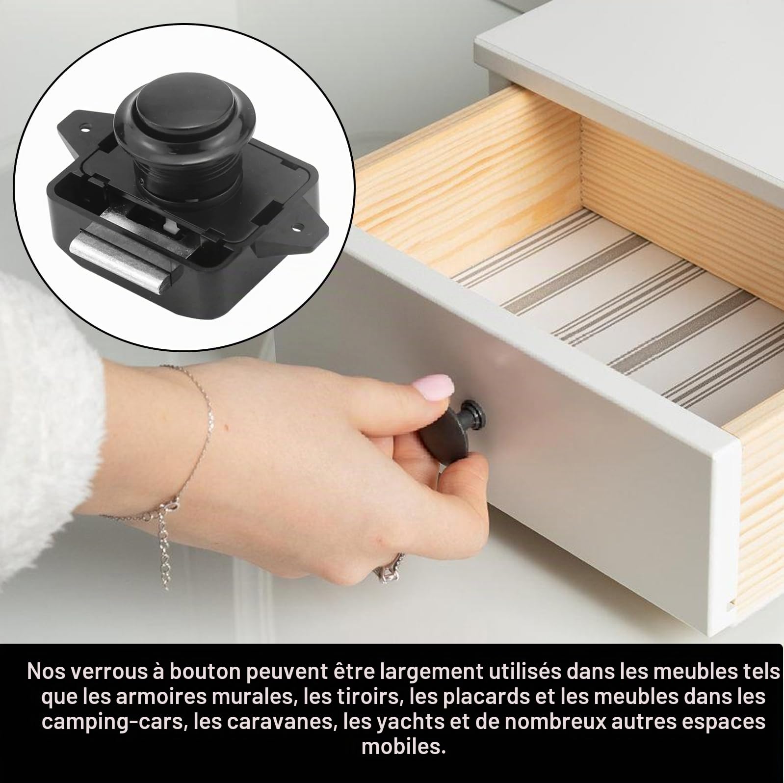 Lot de 10 serrures et porte à bouton poussoir pour camping-car, grand cabinet Catch Serrure de porte d'armoire noir