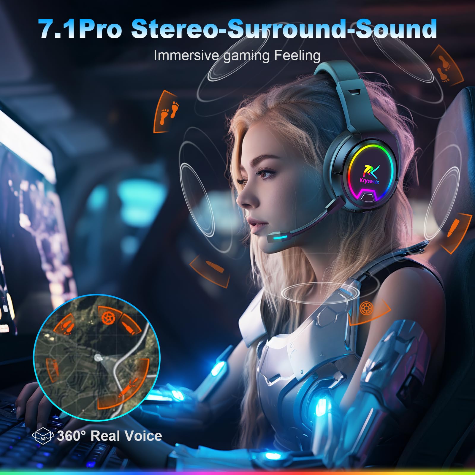 Krysenix PG4 2.4GHz Gaming Headset Wireless für PS4, PS5, PC, Mac, Switch, 48H Gaming Headset mit Noise Cancelling Mikrofon, Kabelloses Bluetooth Headset mit LED-Lichtern, Surround Sound, Rußschwarz