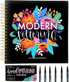 JuneLucy Calligraphy Kit for Beginners: 6-Piece Brush Pen Set + 170+ Page Modern Lettering Workbook