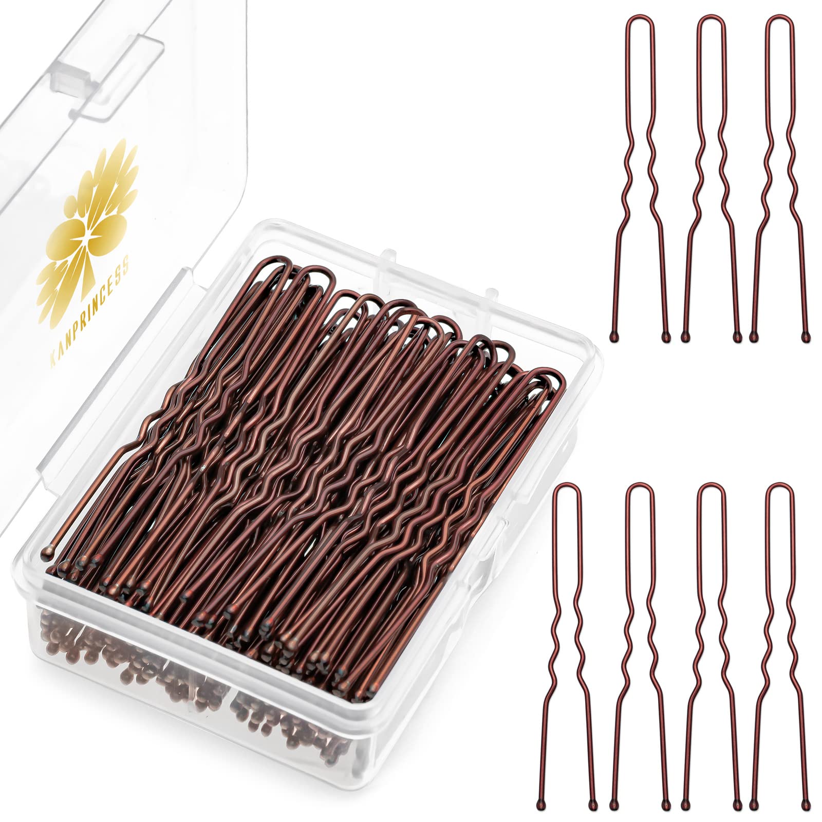 KANPRINCESS 100PCS 2.4Inch U Shaped Hair Pins,Brown Bobby Pins for All Hair Types,Hair Pins for Women,Pain-Free U Pins for Buns With Box（Brown）