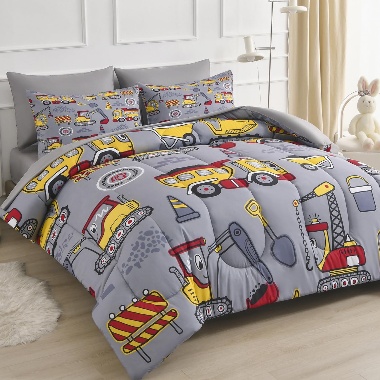 Decoreagy Kids Queen Comforter Set 5 Piece Bed in a Bag,Soft Grey Full Bedding Sets for Girls Boys,Lightweight Monster Truck Pattern Comforter with Sheet Sets,All Season Bed Set(Grey,88”x88”)