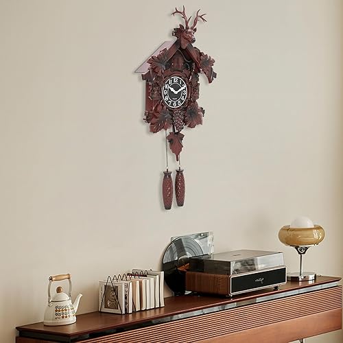 Miniatura 4 de Reloj de pared retro con cabeza de ciervo tradicional, reloj de casa de bosque negro con péndulo y función de timbre, reloj de cuco decorativo para