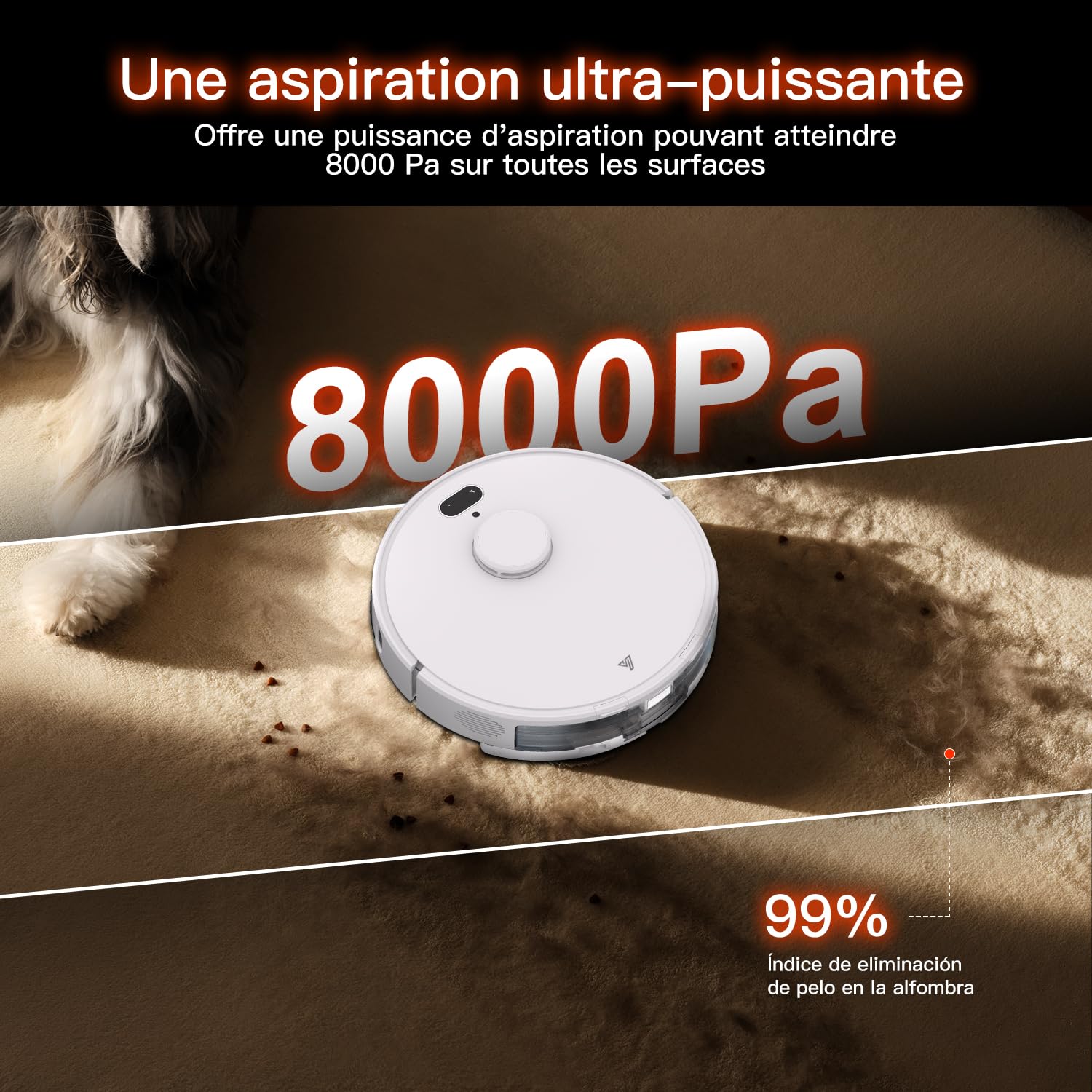 Robot Aspirador y fregasuelos hasta 8000Pa Navegación LiDAR y Mapeo | Potente succión Autovaciado Autonomía de 220 Minutos, Anticolisión, Limpieza Personalizada Control por Voz y App-Blanco