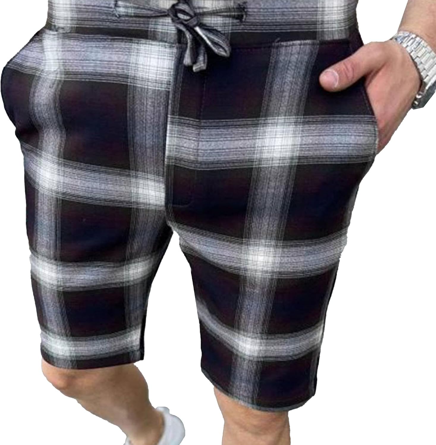 Men's Stylish Casual Checkered Leisure Shorts Plaid Relaxed Loose Fit Hiking Shorts Striped Drawstring Pocket Short