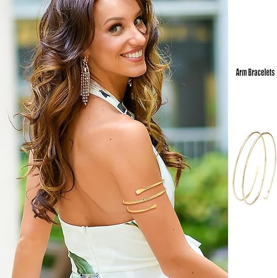 2 Pcs Upper Arm Cuff Bracelet for Girls Women, Adjustable Gold and Silver Coils Arm Band Cuff Bracelet Punk Bangle Minimalist Style Bangle Open Armlets
