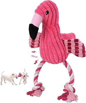 Squeaky Dog Toys - Plush Dog Toys with Soft Durable Fabric for Small Medium Large Breeds, Interactive Tug of War Rope Chew Toys, Teeth Cleaning, Dental Care, and Keep Dogs Busy Flamingo-Red