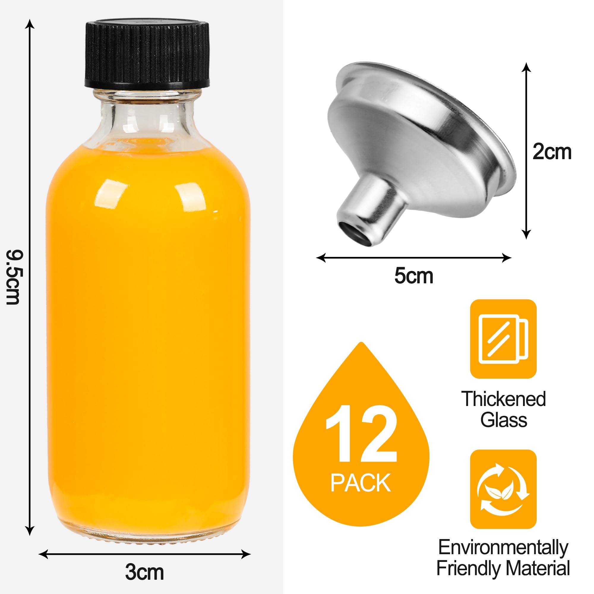 Mini Szklane Butelki z Pokrywką - 12 Sztuk 60 ml do Napełniania Shot, na Wódkę, Olejki Eteryczne, Imbir, Whisky - z Lejkiem, Etykietami i Długopisem (12)