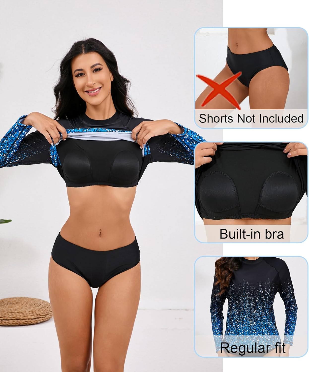 Halcurt Womens Long Sleeve Rash Guard Swim Shirts with Built in Bra UPF50+ Sun Protection Swimsuit Top