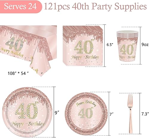 Miniatura 4 de 121 piezas de suministros para fiesta de cumpleaños 40, platos, servilletas, vasos, tenedores, manteles, manteles desechables con temática de feliz