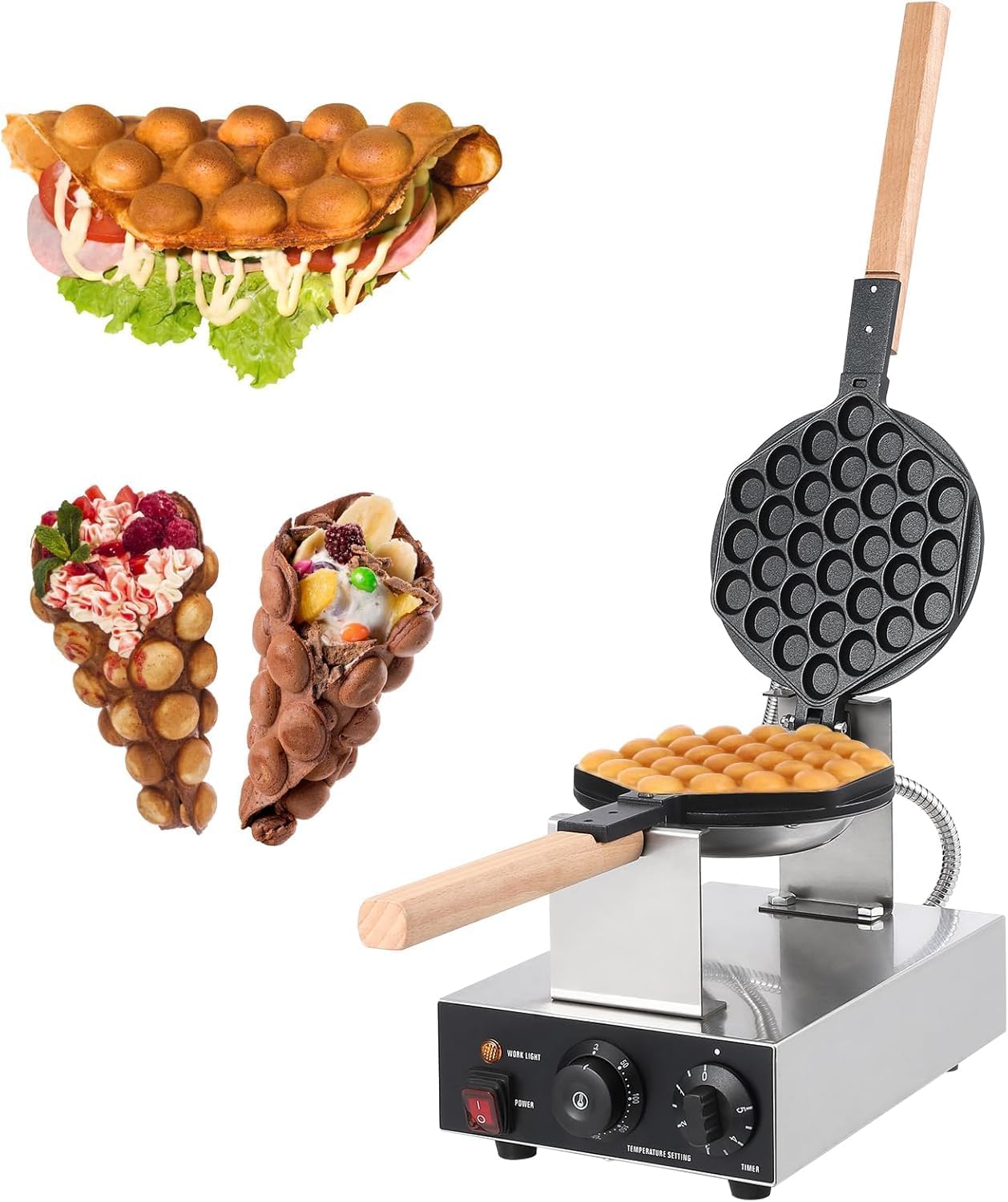 Electric Bubble Waffle Maker 1400W – Non-Stick Double-Sided Egg Waffle Machine – Adjustable Temperature & Timer – Stainless Steel – Easy Clean – Ideal for Home, Cafes, Food Trucks – Model