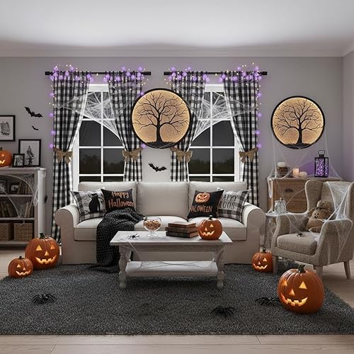 Vista 21 de Jubilantex Paneles de cortina semitransparentes a cuadros rojos y blancos, cortinas texturizadas a cuadros, cortinas de ventana de granja con ojales