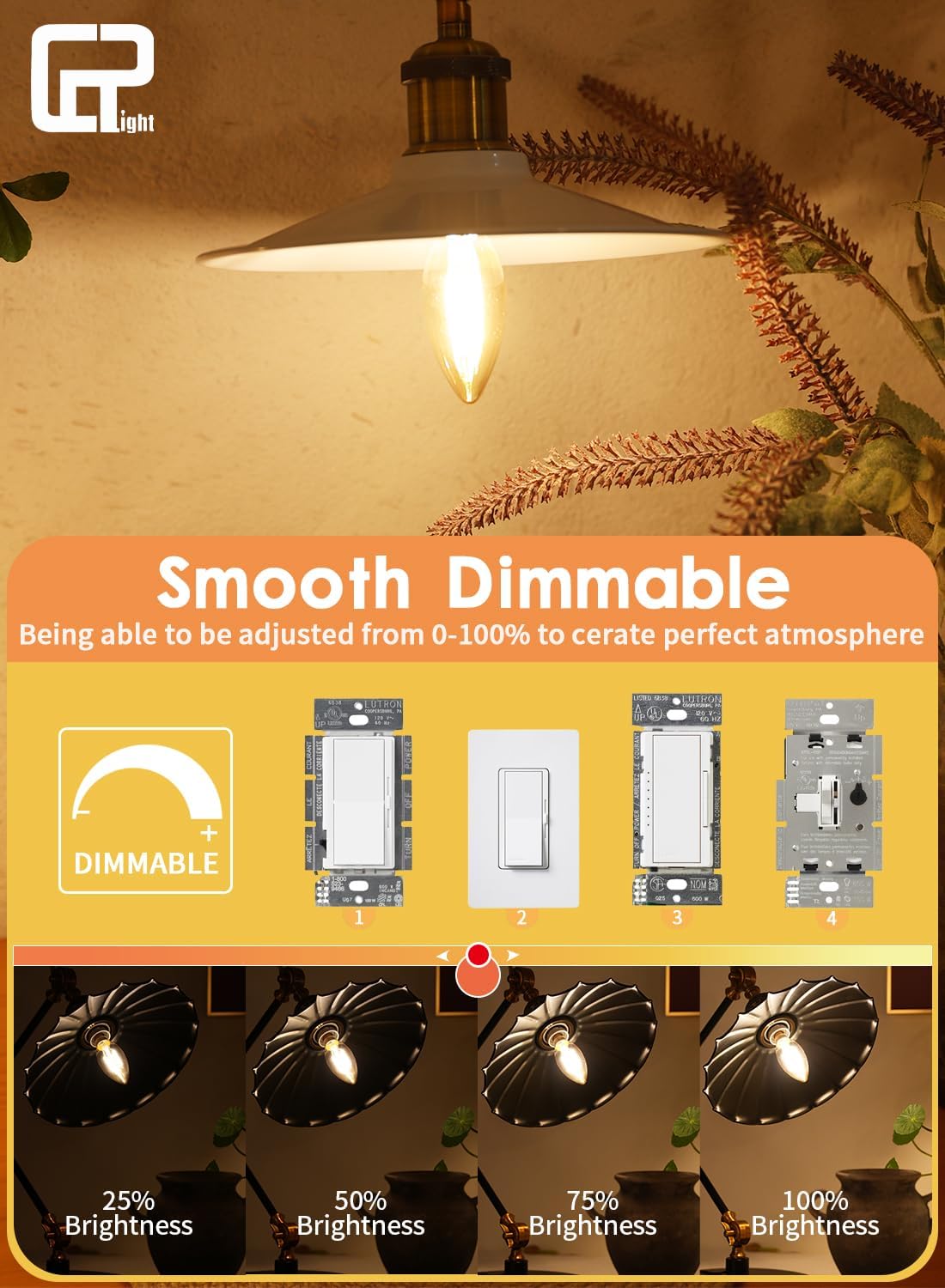 CRLight Dimmable 60 Watt Equivalent E12 LED Candelabra Bulbs, 2700K Warm White, 6W 600LM, B11 Candle Vintage Filament Light Bulbs, Amber Glass for Chandelier Ceiling Fan, 10 Pack