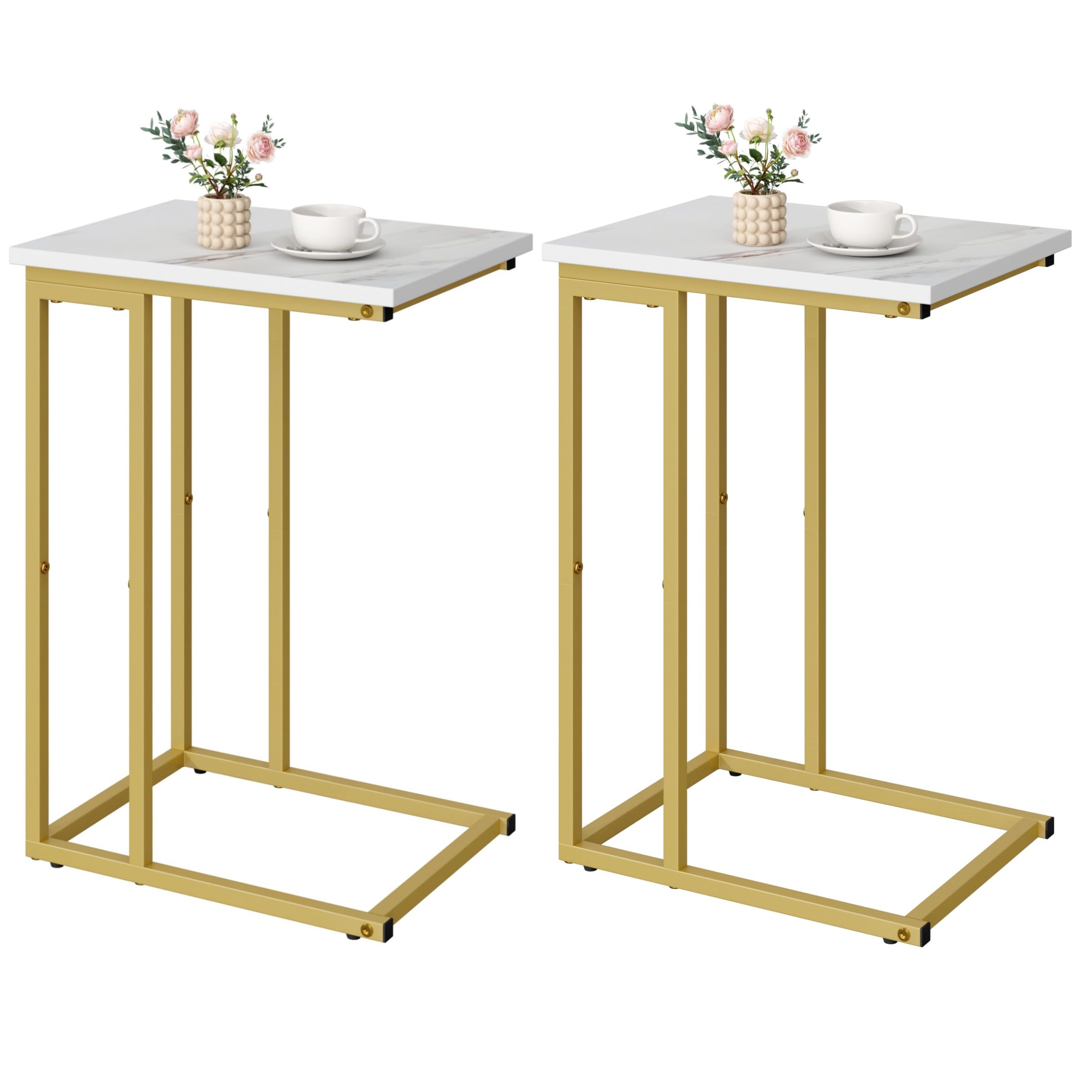 (similar )Function Home C Shaped Side Table Set of 2, Narrow Sofa End Table, Couch Tables That Slide Under, Small Laptop Snack Accent Table for Living Room Bedroom, White Wood Top and Gold Metal Base