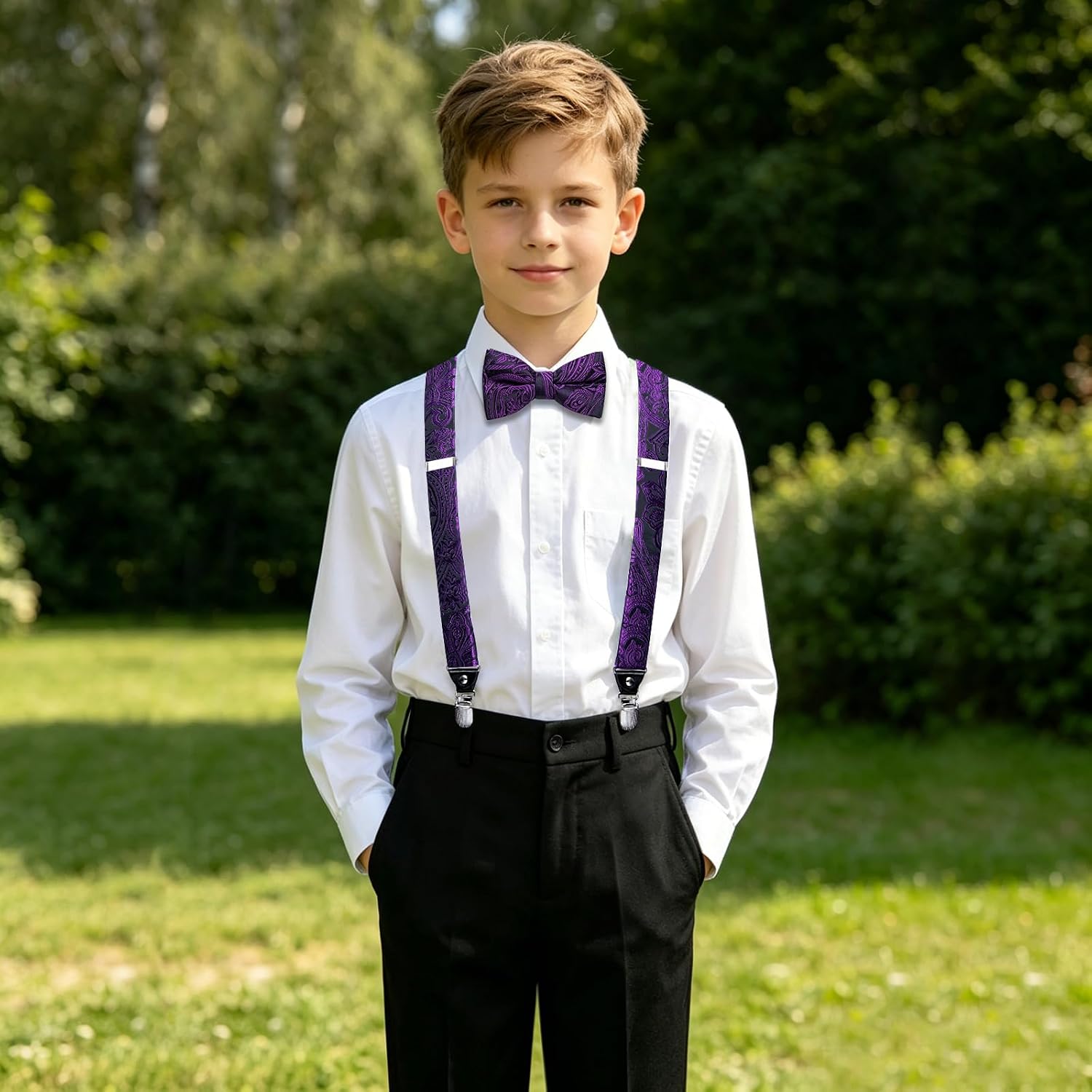DiBanGu Boys Silk BowTie Set Y Back Kids Suspenders Gift Box | Adjustable Y-Back Suspenders,Elastic Soft Silk,Suspender with 4 Clips,Bow Tie Adorable Gift for Toddler Boys Graduation