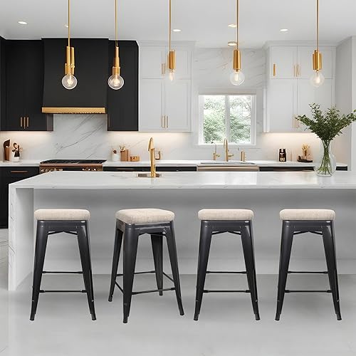 Miniatura 10 de GIA Taburete de mostrador sin respaldo de 24 pulgadas, cantidad de 4, bronce con asiento de madera clara Negro -,Café,Gris,gris, (Gun