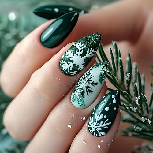 Christmas Press on Nails Medium Almond Fake Nails Green French