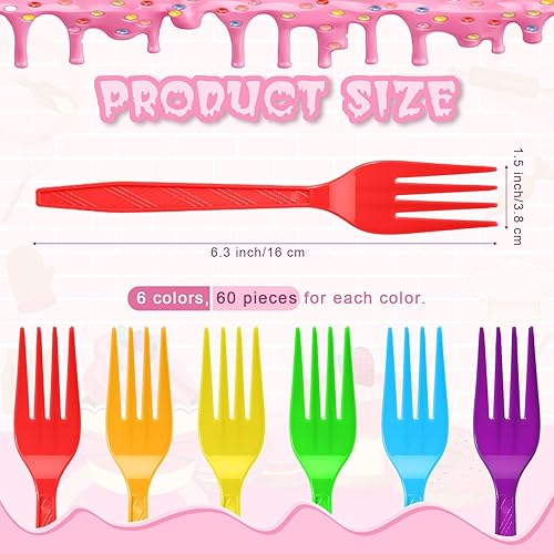 Vista 2 de Tioncy 360 tenedores de plástico desechables arcoíris a granel coloridos cubiertos desechables de plástico neón para fiesta de Acción de Gracias