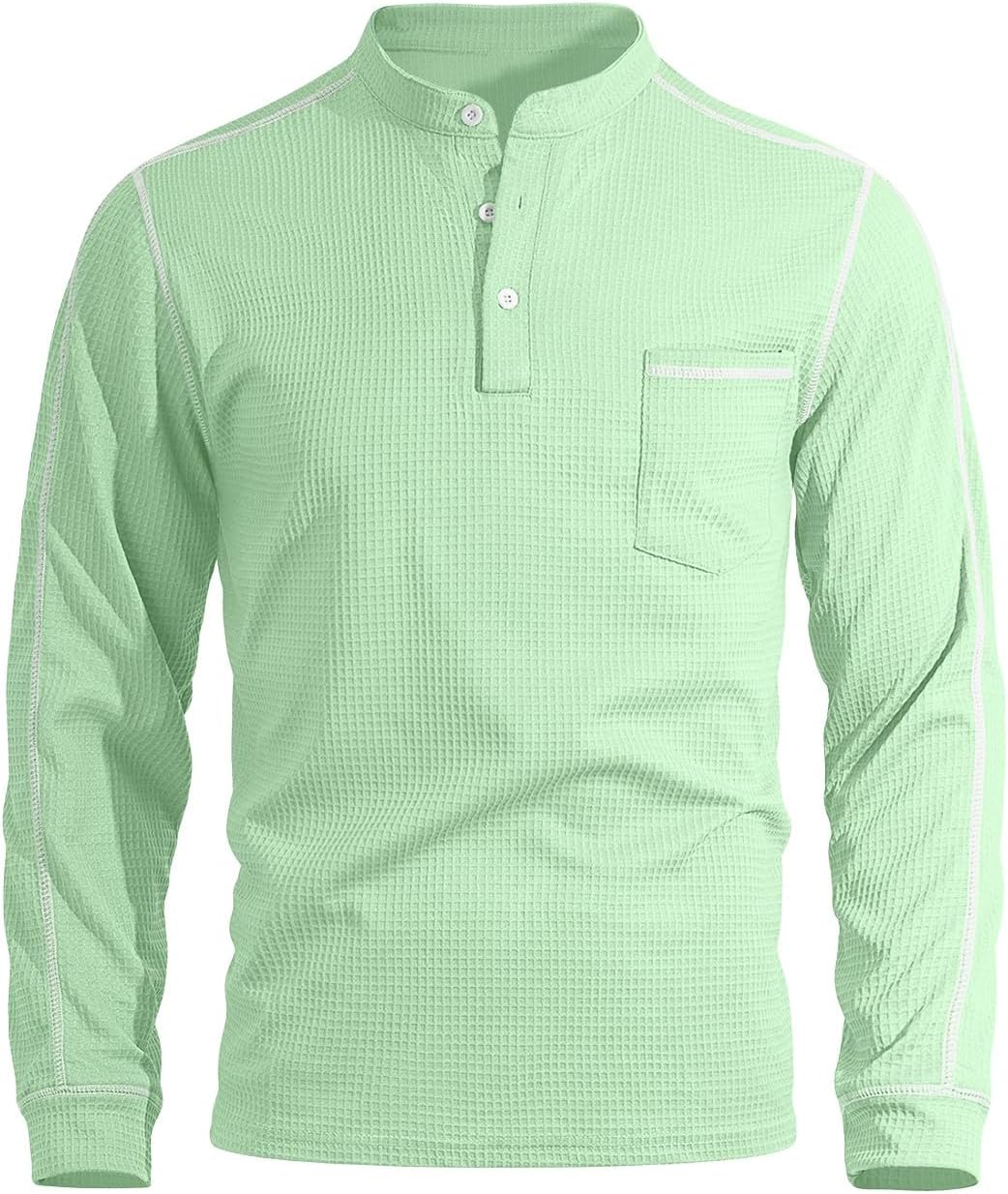 Henley Long Sleeve Shirt for Men Summer Casual Business Tshirt Trendy Button Crew Neck Shirt Fashion Tops with Pocket