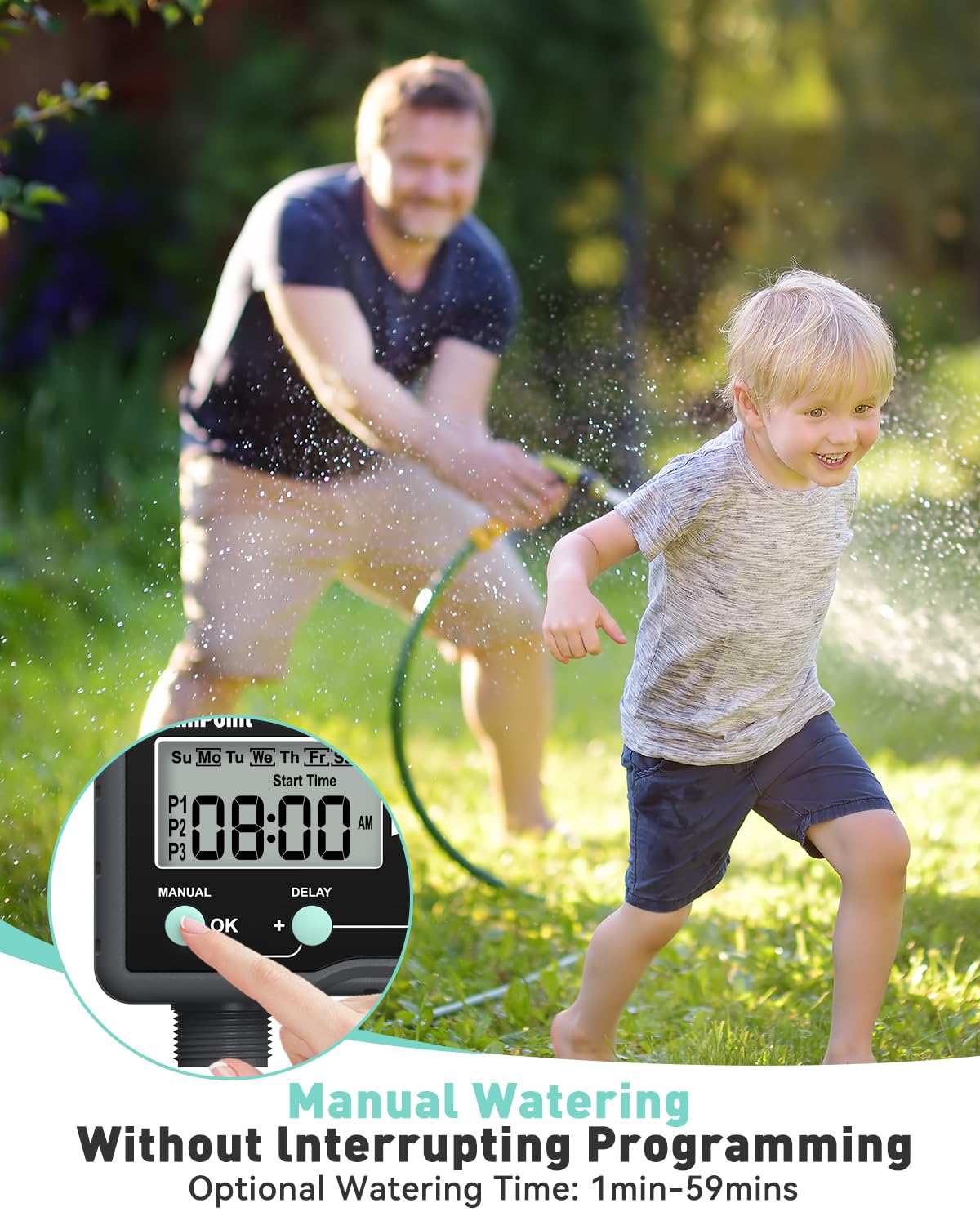 RAINPOINT Temporizador de aspersor con 3 programas individuales, temporizador de agua de entrada de latón para manguera de jardín, controlador de aspersor, sistema de riego automático/manual para