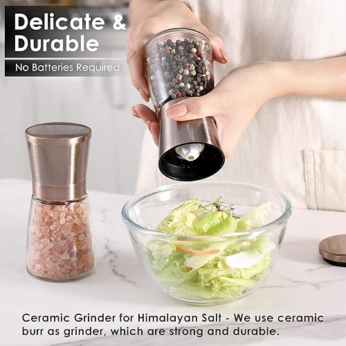 Miniatura 9 de vzaahu Molinillos dorados de sal y pimienta con embudo, cepillo, cubierta dorada ajustable, juego de molinillos de pimienta recargables para