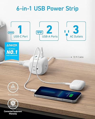 Miniatura 2 de Regleta de alimentación Anker 321 con USB C de 20W, 3 tomas y carga USB C para iPhone 1515 Plus15 Pro15 Pro Max, cable de extensión de 10 pies,
