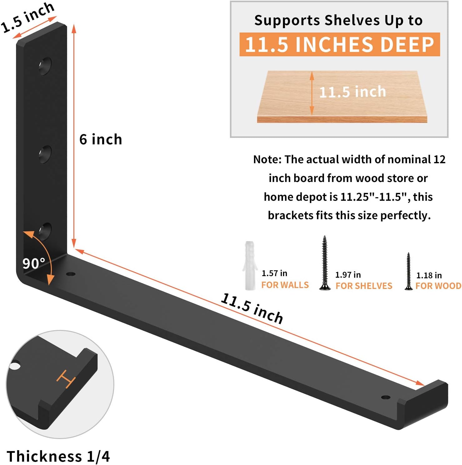 Flash Sale Shelf Brackets 12 Inch 1/4 Thick Steel Heavy Duty Rustic Shelf Supports, Modern Farmhouse Metal Wall Floating J Bracket for Shelves, Decorative Industrial Angle Lip Bracket Wall Mounted (6 Pcs)