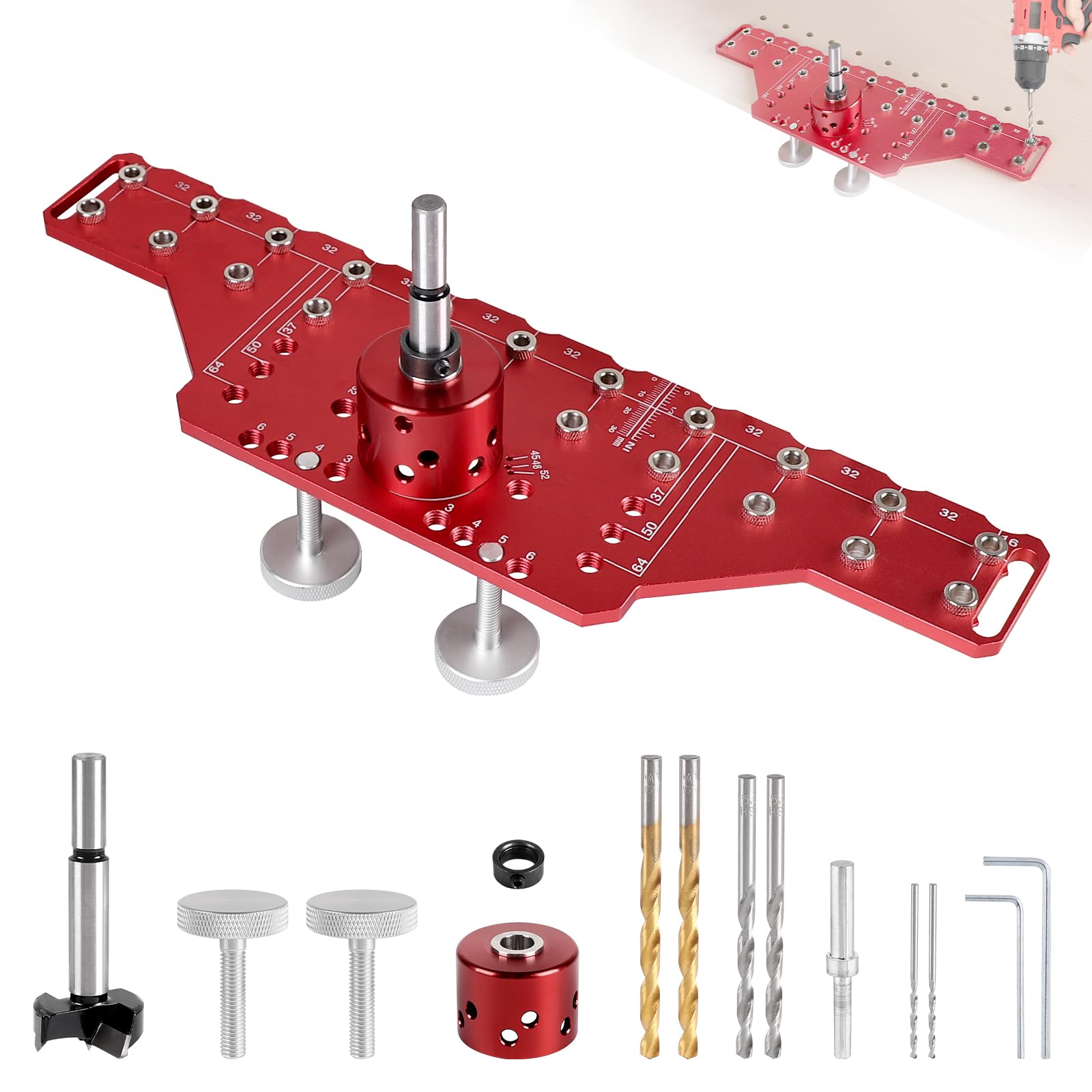 Guida di perforazione allineata 2-in-1 per spinotti e cerniere da 35 mm Guida in alluminio con punte da 5mm e 1/4 pollice, strumento ideale per fai-da-te e falegnameria (Modello lungo)