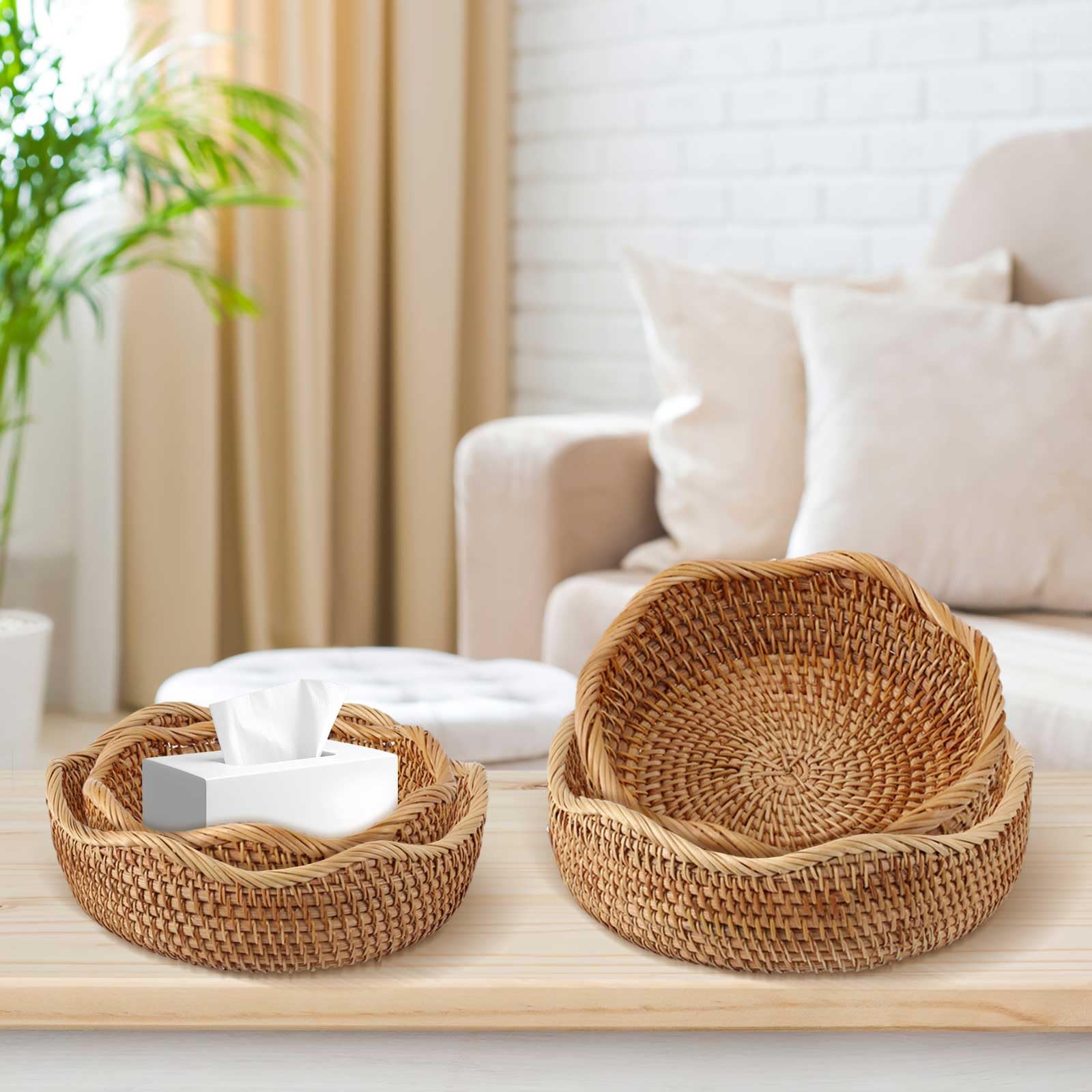 Layhit 5 Pcs Round Rattan Basket Bread Baskets for Serving Natural Wicker Bowl Basket Woven Fruit Storage Baskets for Home Countertop Kitchen Party Organizing, 5 Sizes - Image 7