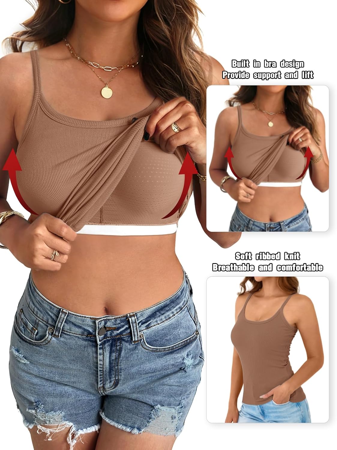  Women Built in Bra Tank Top Form Fitting Scoop Neck Ribbed Basic Padded Cami Shirts thumbnail