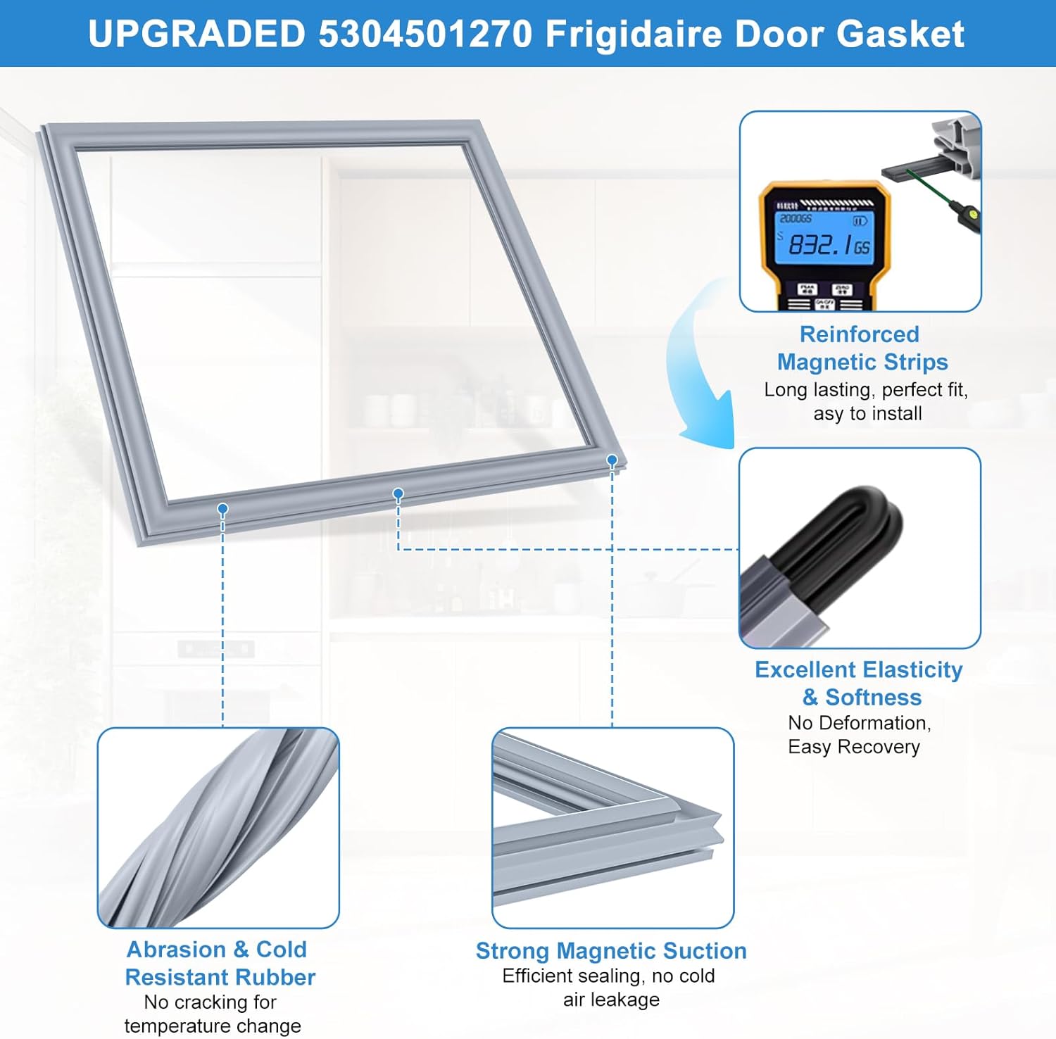UPGRADED 5304501270 Freezer Door Gasket Compatible with Frigidaire Freezer Door Gasket 241778308 PS11704172 AP5981856 LGHB2867PF2 LGHN2844MF0 Refrigerator Door Seal For Kenmore Freezer Door Gasket